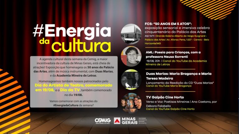 Agenda cultural gratuita oferecida pela Cemig apresenta atrações para curtir em casa 