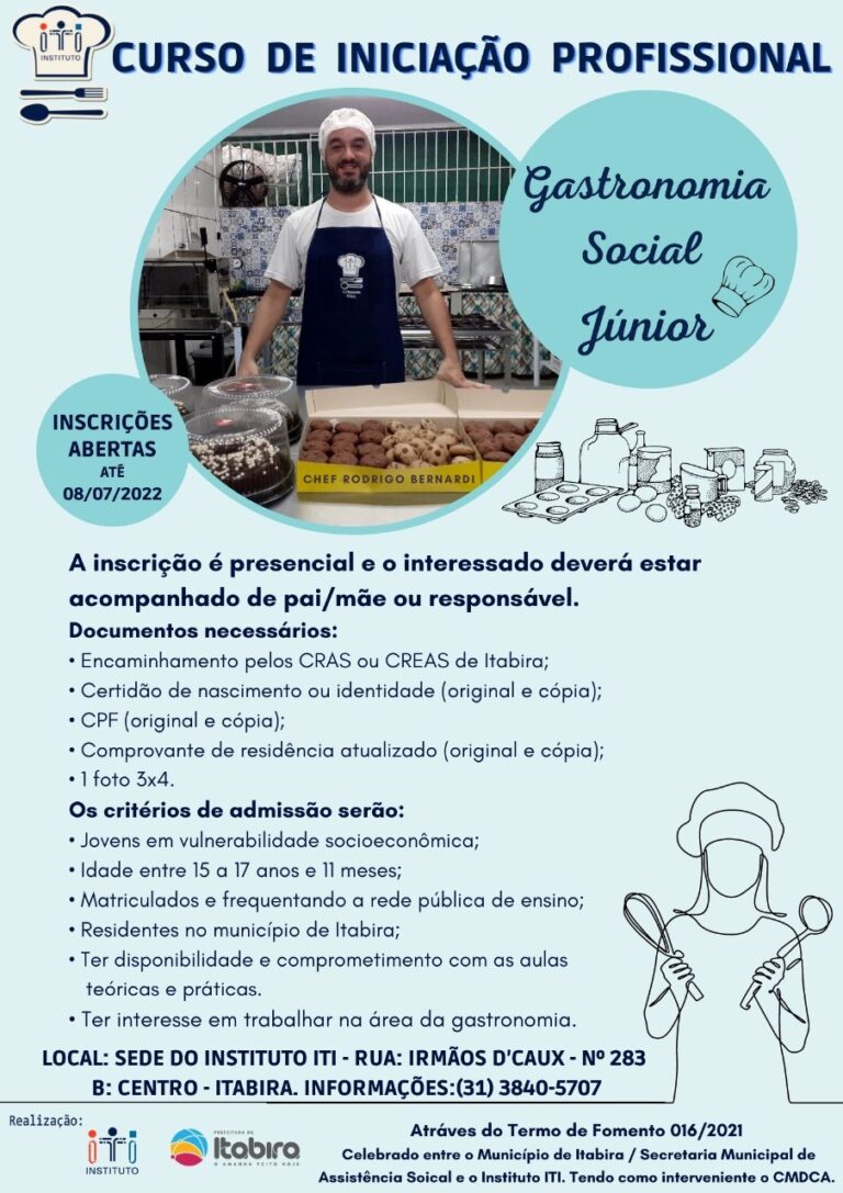 Curso de gastronomia tem 20 vagas para jovens itabiranos em vulnerabilidade social