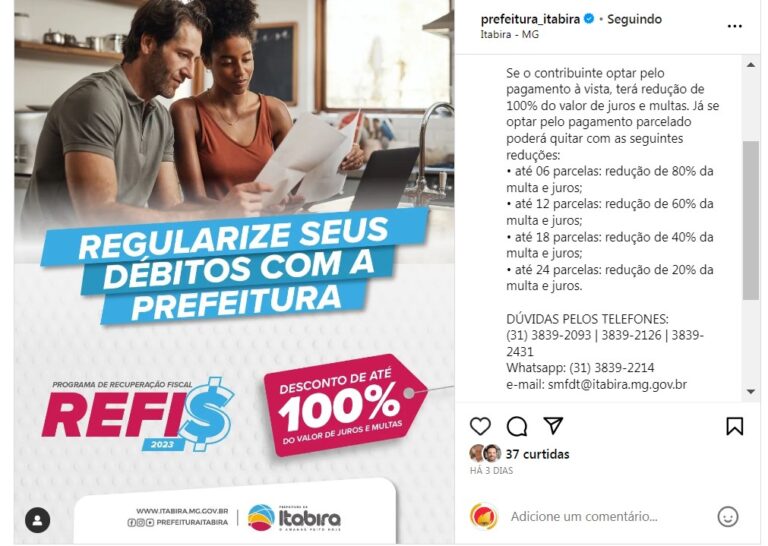 O Refis – Programa de Regularização Fiscal do município de Itabira começa nessa segunda 13